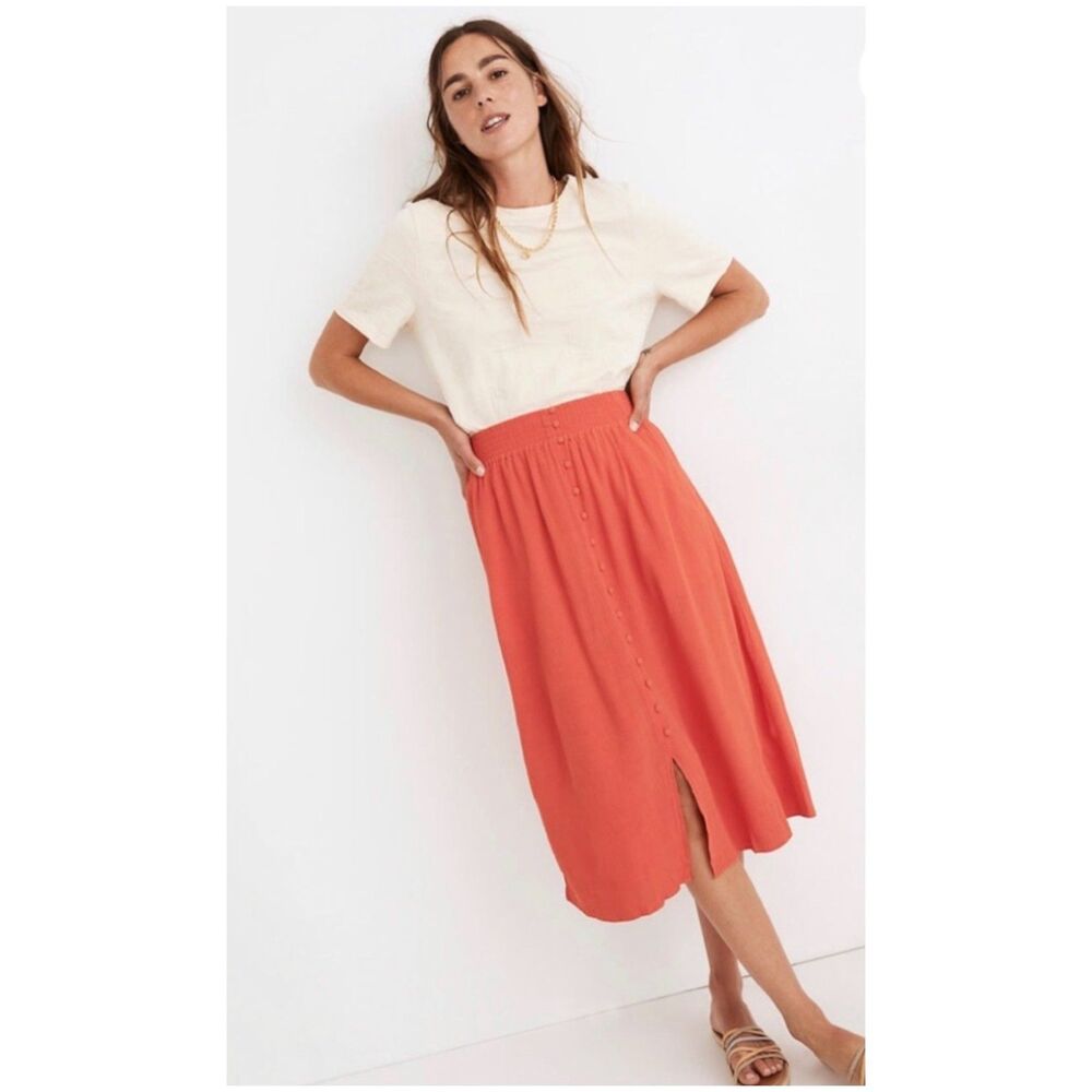 MADEWELL Smocked-Waist Button-Front Midi Skirt - Picture 1 of 5